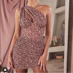 House of CB Pink Leopard One-Shoulder Mini Dress